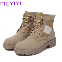HEYIYI Women Boots Matin Shoes Super-defibrillators Leather Ankle Square Heel Platform Rubber Laces Comfortable Free Shipping