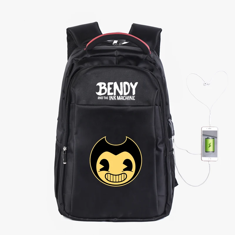 

Bendy Ink Machine Backpack Bag w/USB Fashion Port Bag 19 Inch Notebook School Bags Travel Laptop Large Bag