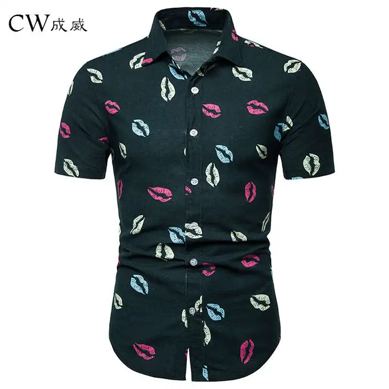 

Short Shirts Men 2019 Linen Summer Lipstick Print Style Beach Hawaiian Shirt Men Casual Short Sleeve Hawaii Shirt Chemise Homme