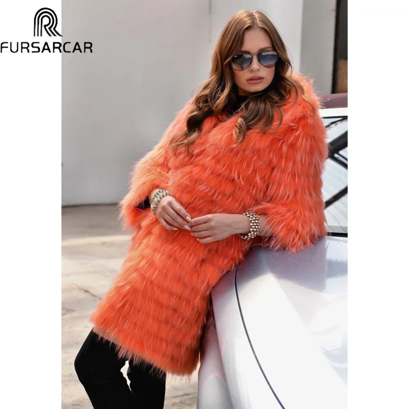 

FURSARCAR 2018 New Arrival Orange Color Winter Fur Jacket With Fur Collar Wholesale Real Raccoon Fur Coat Women 90 CM Long