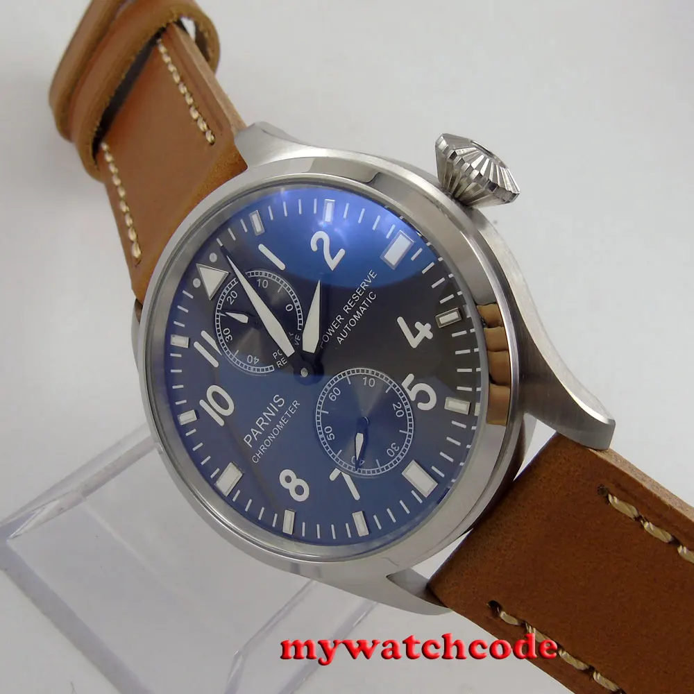 

47mm parnis gray dial brown strap power reserve ST automatic mens watch 273