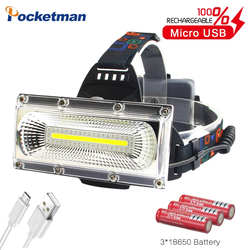 Comprar Faro LED COB de alta potencia, lámpara de cabeza recargable USB, luz blanca y roja y azul, Faro de 3 modos, iluminación impermeable de caza