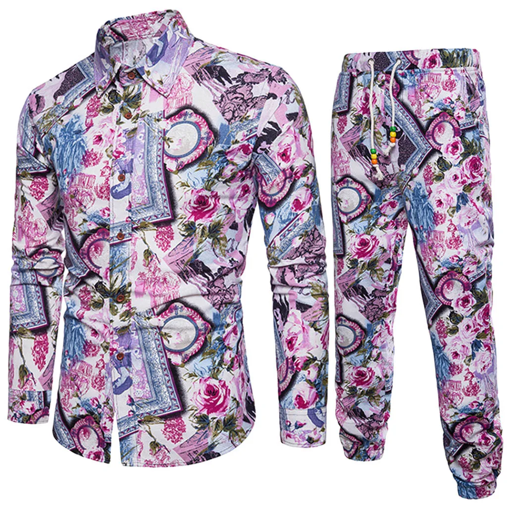 FeiTong одежда для мужчин комплект весна 2019 повседневное с длинным рукавом в богемном стиле рубашка Бизнес Slim Fit рубашка блузка с принтом Топ +