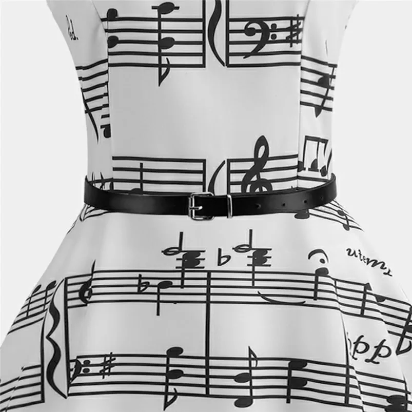 dress elegant summer of short sleeve mid calf note printed vintage pleated with belt casual evening dropshipping #F#40AT63