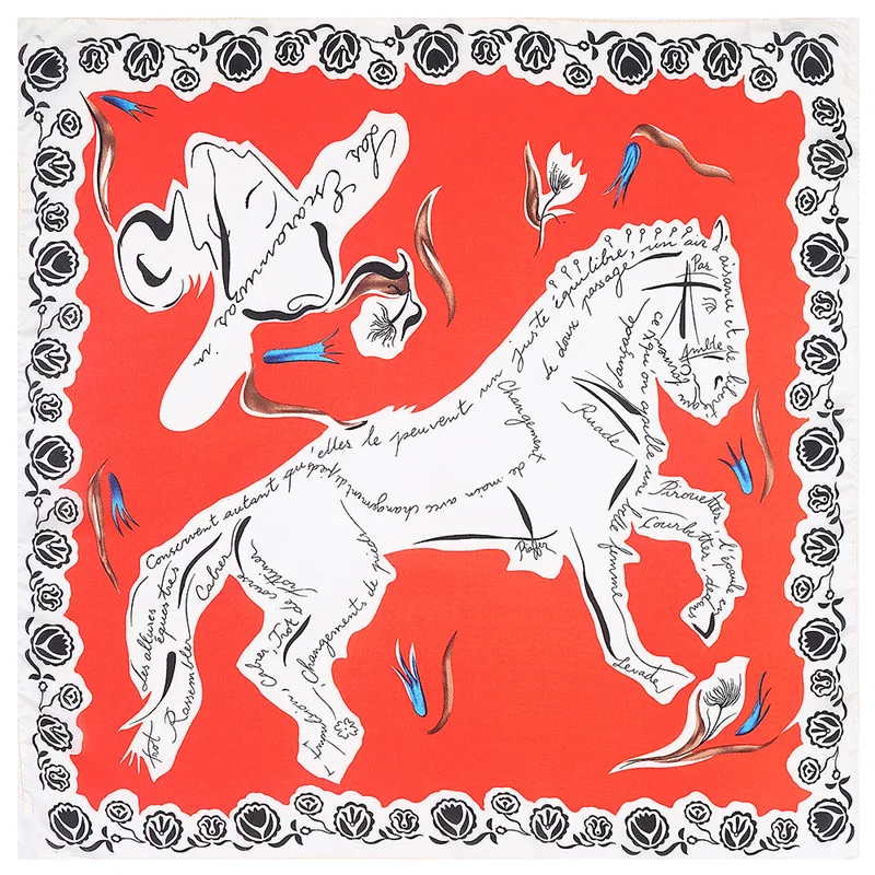 

POBING 100% Silk Scarf Woman Floral Horse Print Square Scarves Luxury Bandanas Small Hijab Foulards Lady Tie Headband 53x53CM