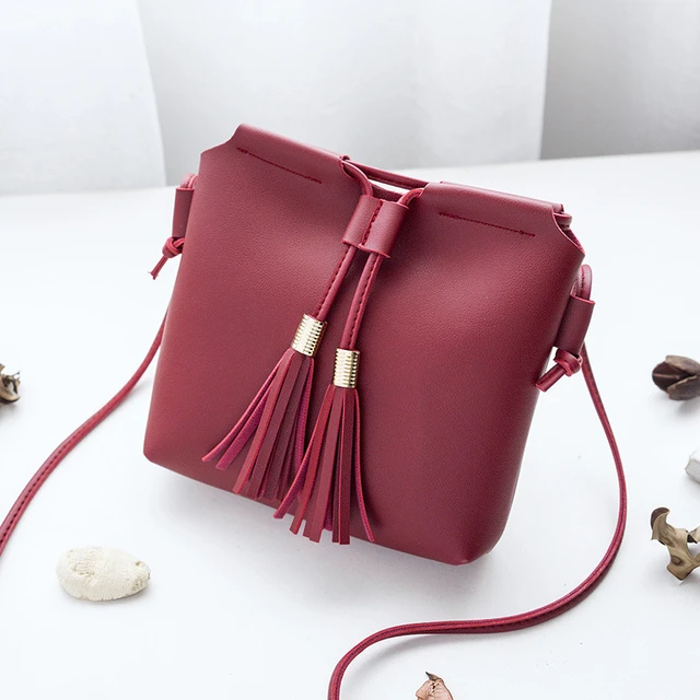 Fashion Women Leather Bucket Bag Handbag Tassel Drawstring