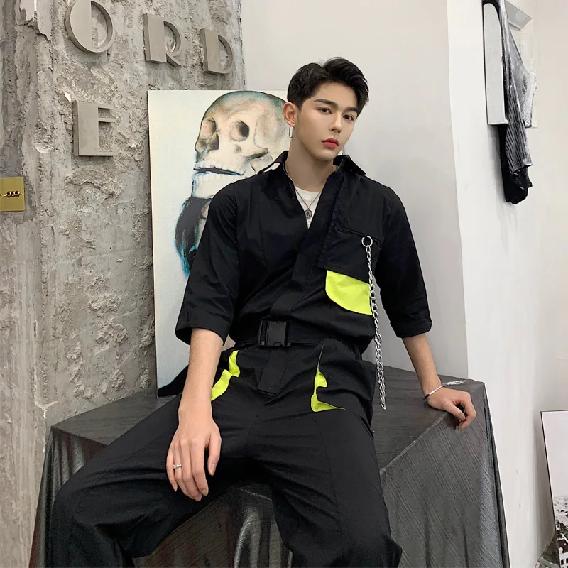 

Summer new personality hit color jumpsuit men's loose short-sleeved tooling jumpsuit 2019 new men clothing