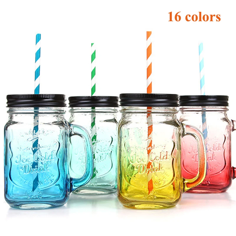 

401-500ml Square Creative Gradient Color Mason Bottle With Lid With Straw Transparent Glass Cup Drrinkware