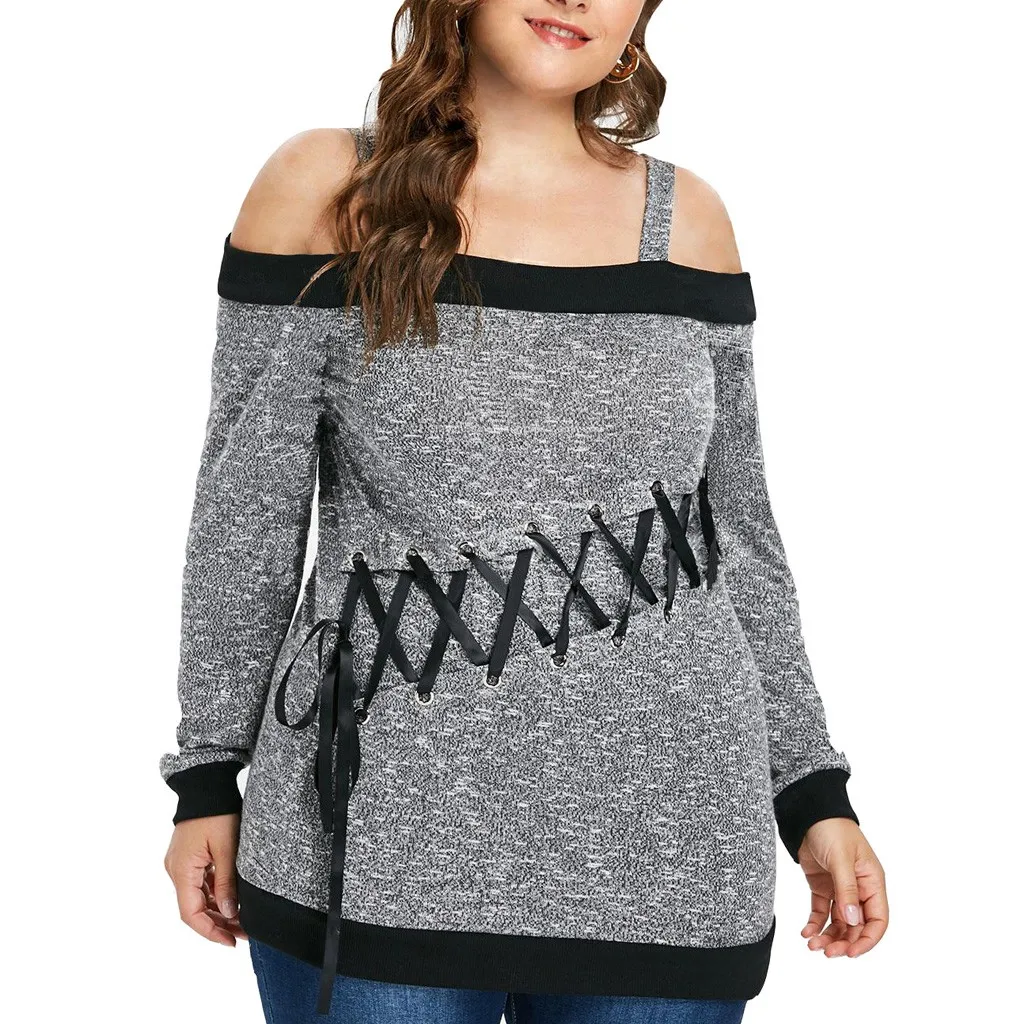 

Plus Size 5XL Women Clothes Casual Strappy Patchwork Off-Shoulder Blouse Long Sleeve Bandage Blouse Shirt Top Blusas Feminina@35