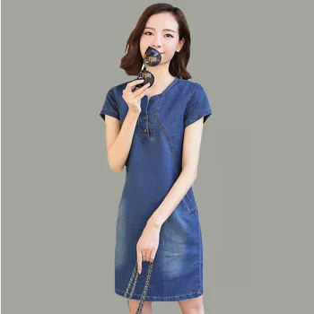 

Solid Summer Denim Dress Women 2018 New Plus Size Slim Dress Loose Pocket Dress Women Button V-neck High Waist Dress hl028