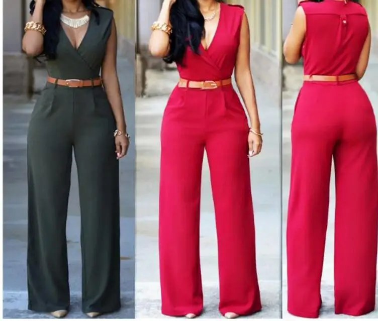 Women Jumpsuit Long Pants Rompers Sleeveless V-neck 2019 Summer Wide Leg Pants Jumpsuits With Belt Sexy Club Party Overalls