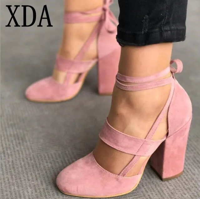 

XDA 2019 NEW fashion High Heels women Pumps Sexy wedding shoes Footwear pumps platform Thick heel lace-up single shoes