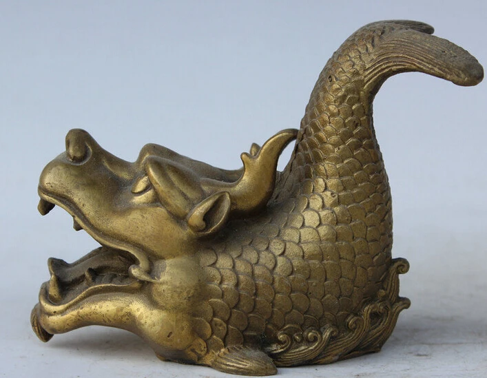 

246@g++5" Chinese Fengshui Folk Brass Dragon Fish Barracuda Animal Statue Sculpture