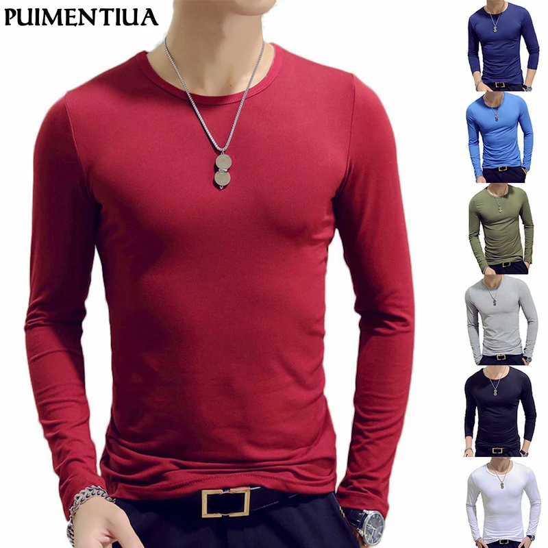 Camisetas de Otoño de 2019 para hombre, camisetas de manga larga informales con cuello redondo para ejercicio, ropa de moda lisa, Camisetas básicas para correr y hombre|Camisetas| - AliExpress