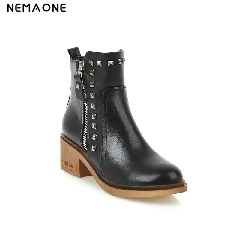 

New 6cm thick heels ladies boots spring autumn women ankle western Boots zipper rivets casual shoes woman large size 42 43