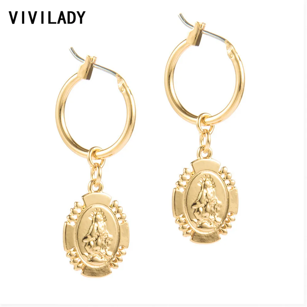 

VIVILADY New Boho Gold Color Geometric Women Hoop Earrings Sculpture Portrait Temperament oval Dangle Bijoux For Lady Jewelry