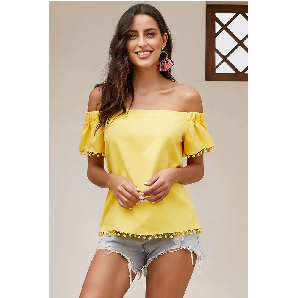 

Pom Pom Blouse Tassel Sexy Stretch knit Shapes Off Shoulder Strapless Tank Tops