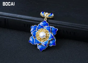 

new fashion jewelry Cloisonne s925 silver retro burning blue craft flowers natural pearls wome's pendants
