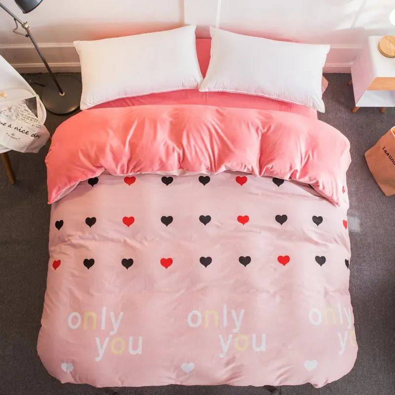 

Winter style Cotton Flannel Bedding Love 1pcs Pink Duvet cover Girl/kid/adult home textile bedclothes twin full queen king size