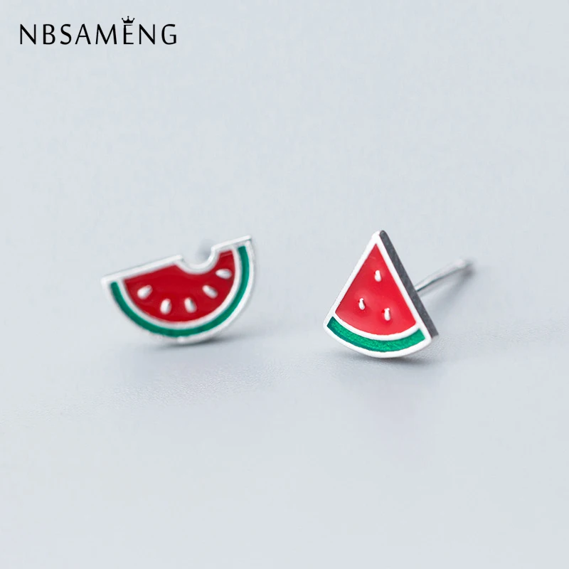 NBSAMENG стерлингового серебра 925 крошечные Асимметричные летние Арбузные серьги-гвоздики в форме фруктов для женщин ювелирные изделия подарок гипоаллергенно