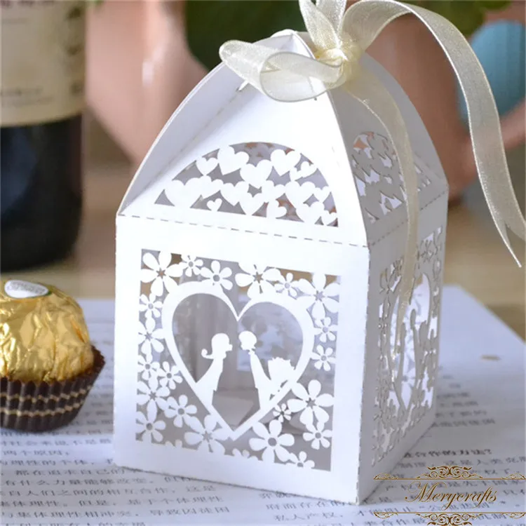 Gold metallic paper laser cut personalized wedding sweets box