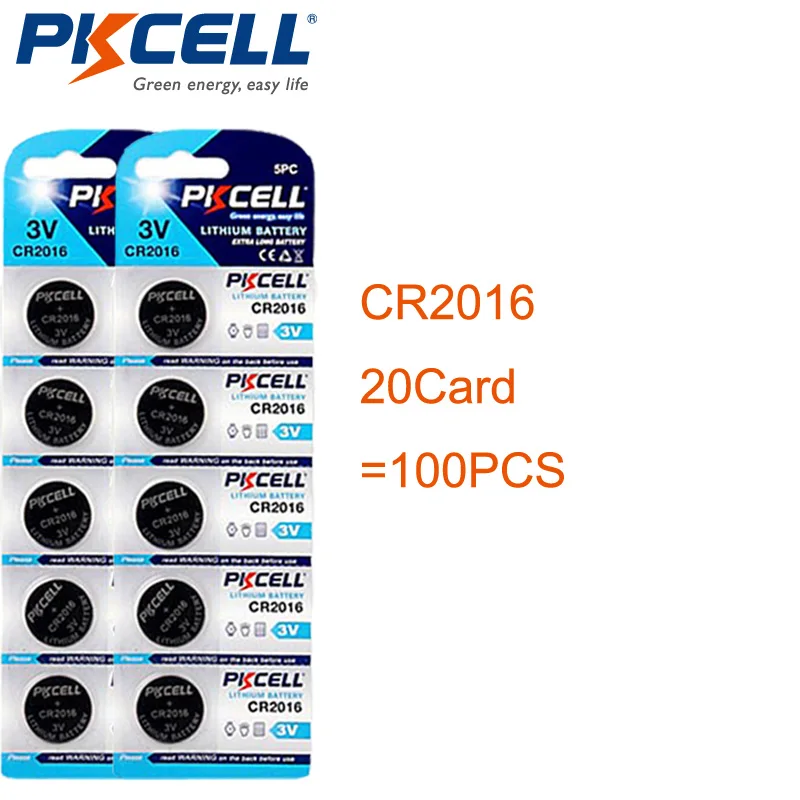

100Pcs 20card PKCELL CR2016 3V Lithium Battery BR2016 DL2016 ECR2016 CR 2016 Button Batteries Watch Battery