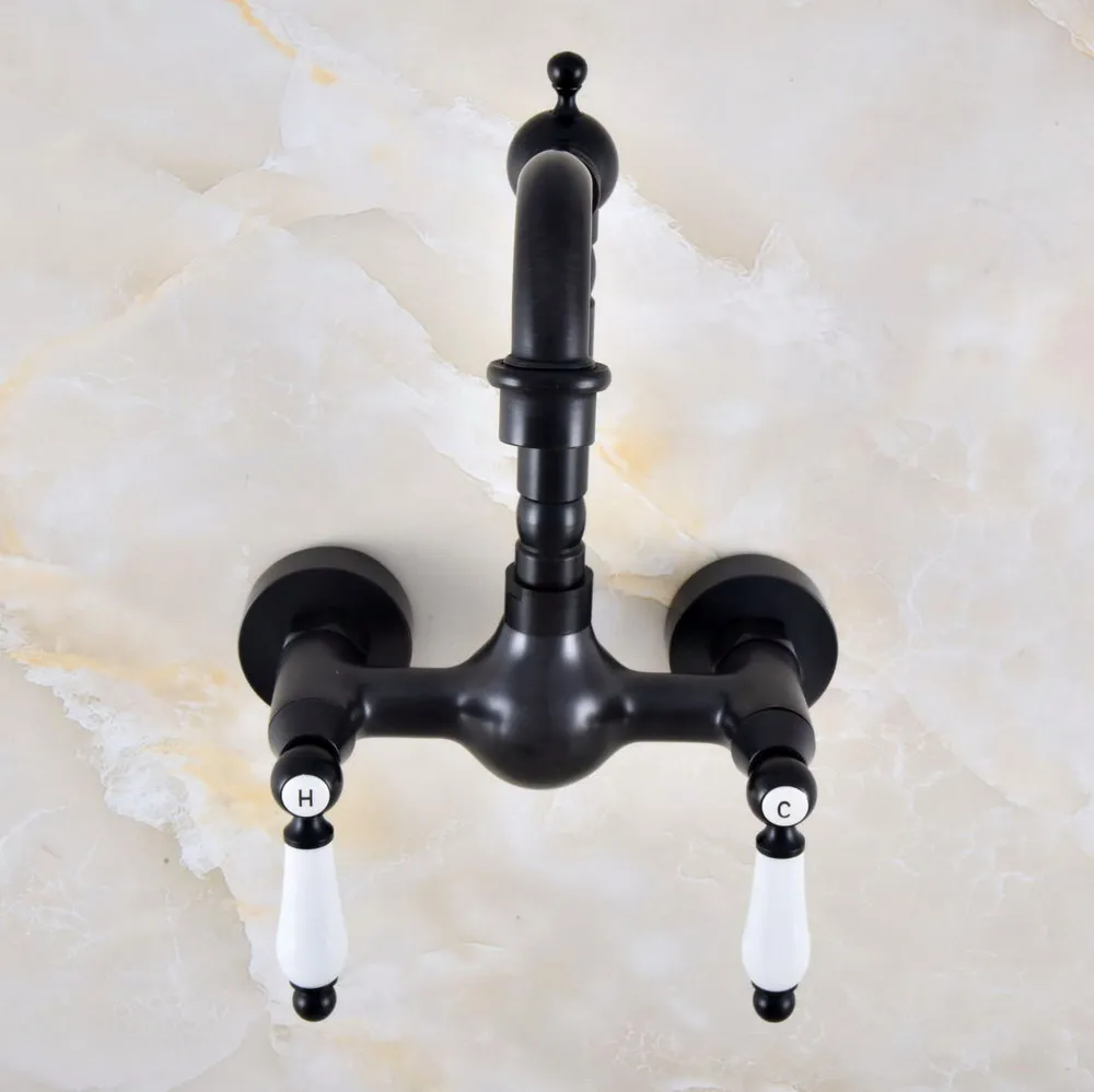 Black Oil Rubbed Bronze Wall Mounted Bathroom Kitchen Sink Faucet Swivel Spout Mixer Tap Dual Ceramics Handles Levers anf857