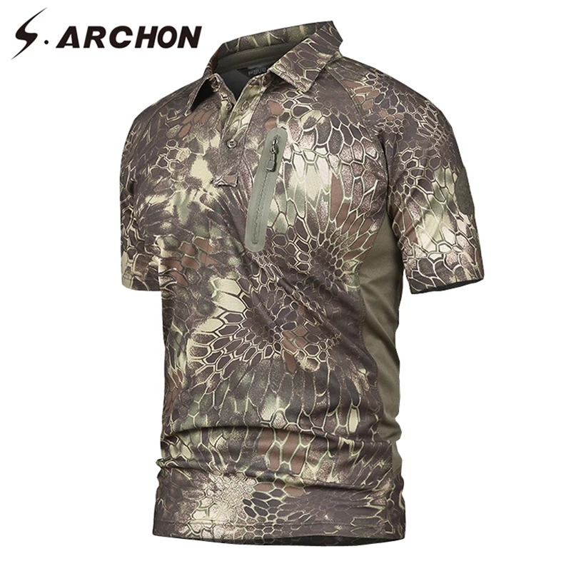 

S.ARCHON Men's Military Python Camouflage Polo Shirt Man Casual Breathable Quick Dry Tactical Shirt Short Sleeve Camo Army Polos