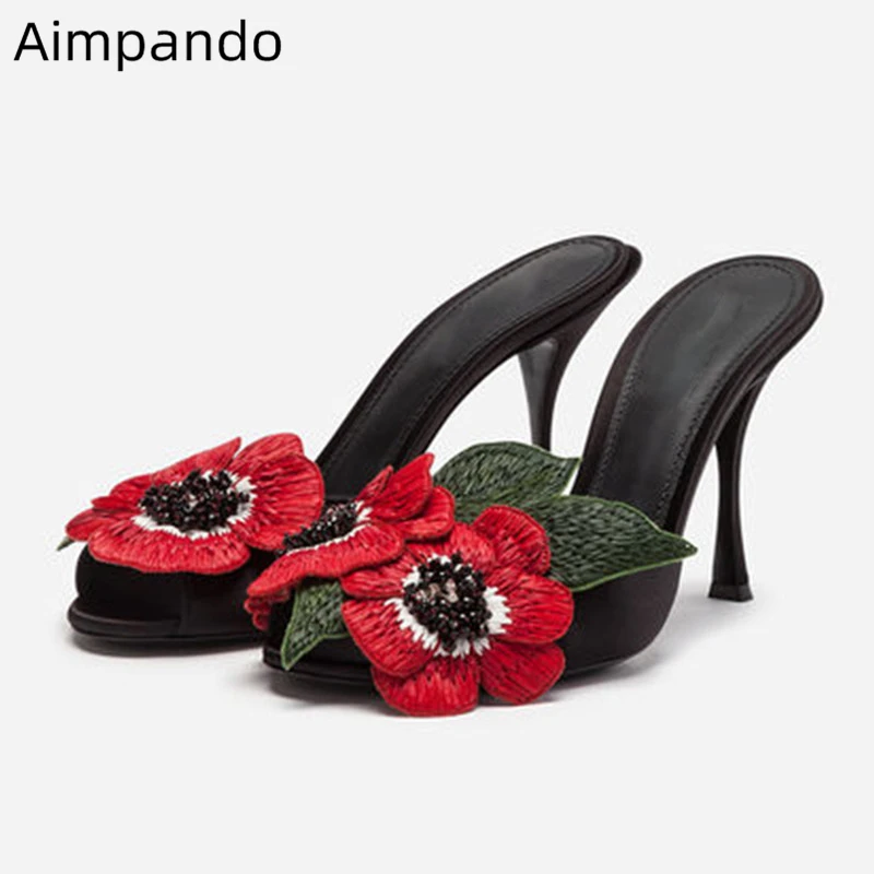 

Handmade Embroidery Flower Slippers Women 10cm Thin High Heels Sexy Peep Toes Luxury Satin Beading Wedding Shoes Woman