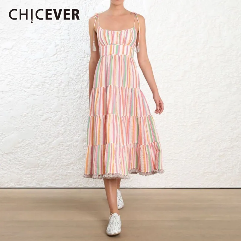 

CHICEVER Casual Striped Dress For Women Strap Sleeveless Off Shoulder High Waist Tassel A Line Dresses Female Fashion New Summer