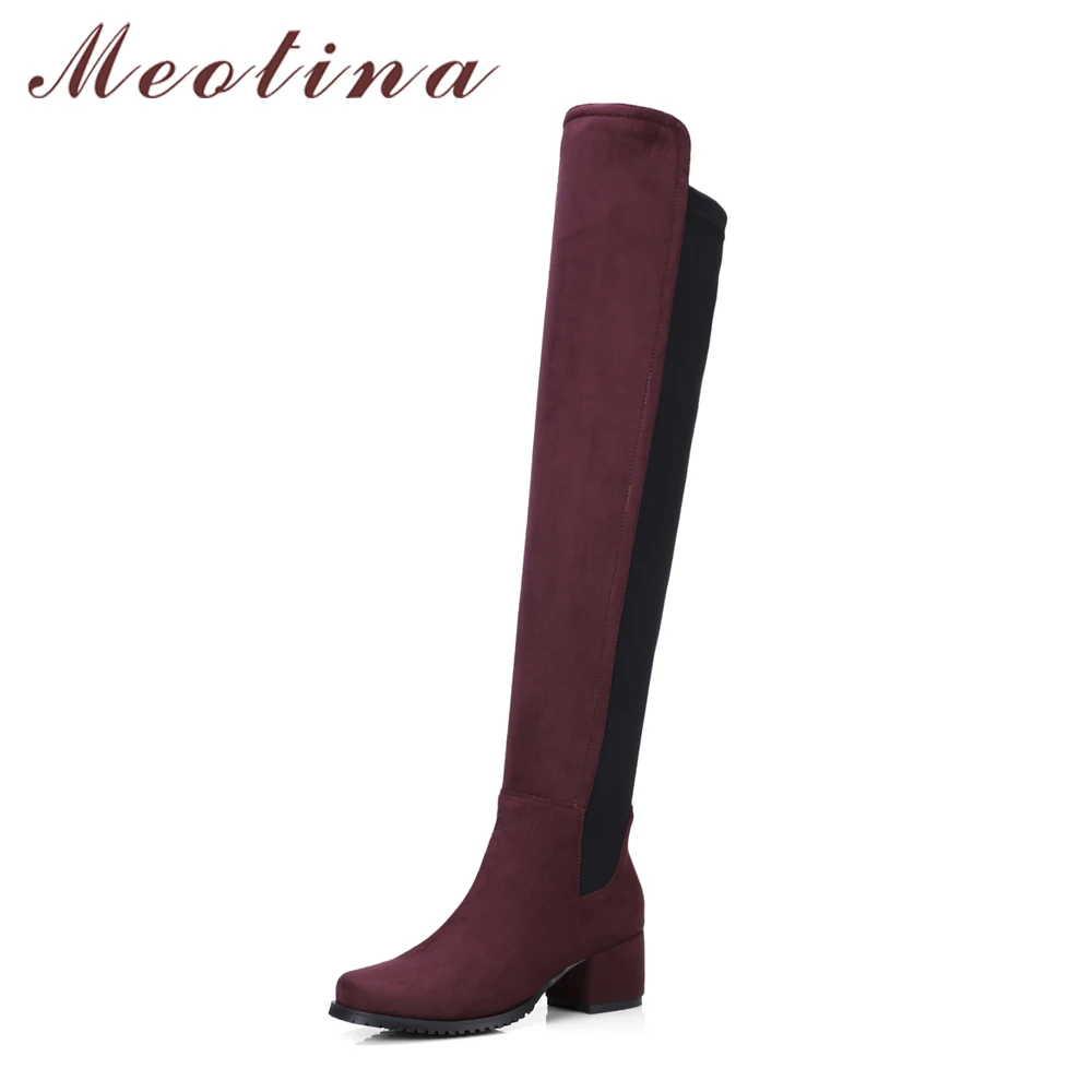 

Meotina Winter Thigh High Boots Women Over the Knee Boots Stretch Block Heels Long Riding Boots Ladies Tall Shoes Black 34-43