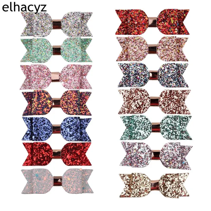 

14pcs/lot Glitter Hair Clips 3.5" PU Bow With Ribbion Alligator Clips Bows Hairpins Girls Barrettes Hair Accessories for women