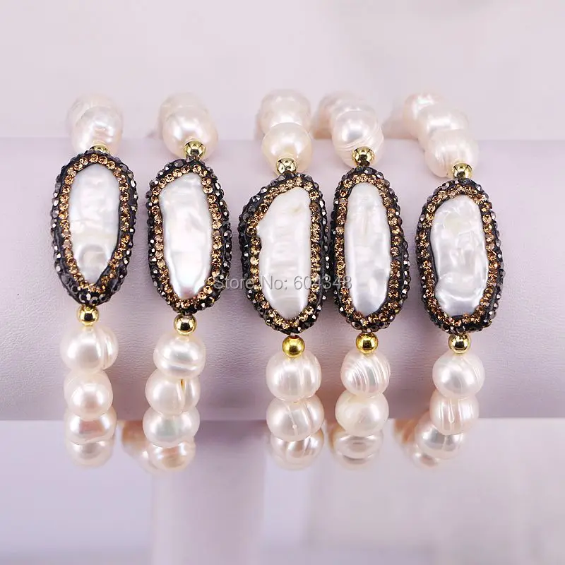 

5 Strands Natural Freshwater Pearls Beaded Bracelets, Pave Crystal Rhinestone Pearl Stretch Bracelet For Women