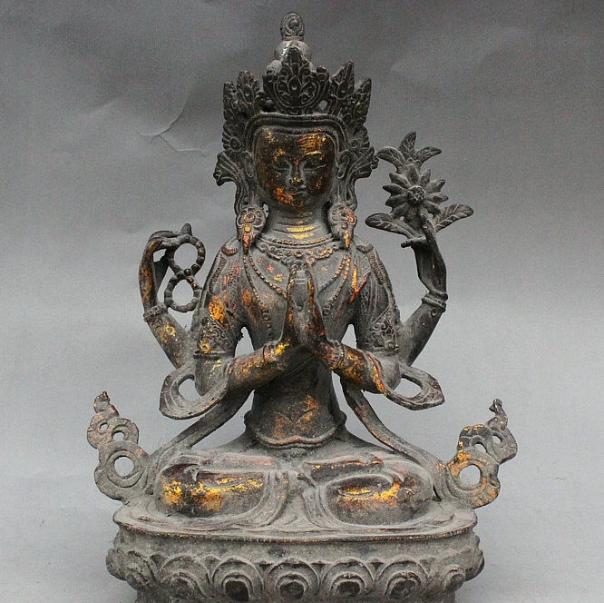 

12" Old Tibet Buddhism Bronze Gilt 4 Arms Avalokitesvara Bodhisattva Statue