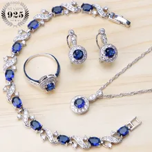 Синий Циркон 925 пробы серебряные Ювелирные наборы Клипсы Серьги для женщин кулон ожерелье набор кольцо Свадебные ювелирные изделия Подарочная коробка
