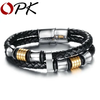 

OPK Classical Double Layer Handmade Leather Weaved Man Bracelets Fashion New Magnet Clasp Steel Wristband Jewelry 205mm PH887