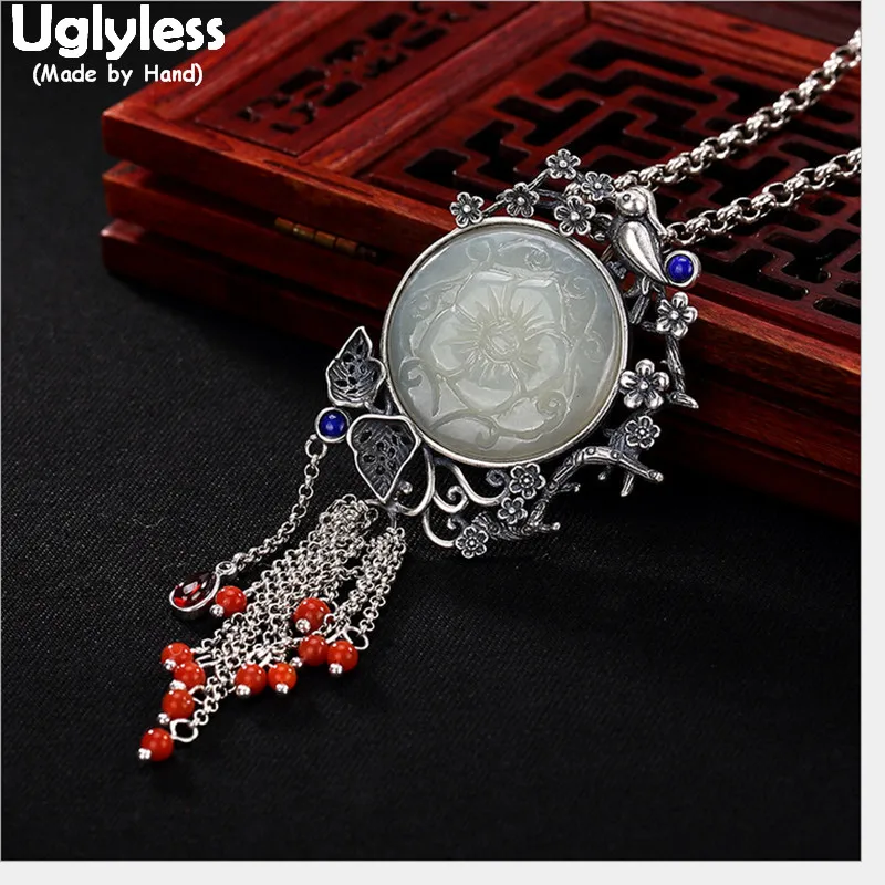 

Uglyless Real 925 Sterling Silver Handmade Thai Silver Plum Flower Pendants for Women Jade Flowers Fine Jewelry Agate Tassels