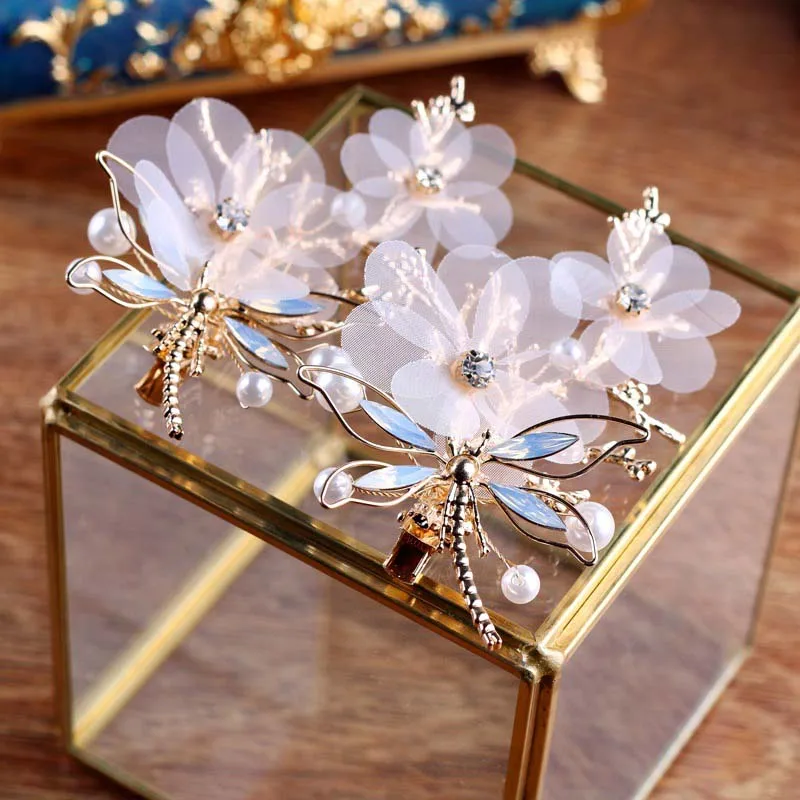 

Fashion Korean Barrettes Wedding Hair Accessories Gold Metal Yarn Flower Dragonfly Hair Pins Bride Bridesmaids Hair Clips JL