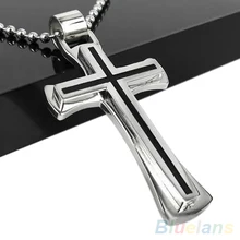 Men Women Cool Black Silver Stainless Steel Cross Pendant Chain Necklace 1PCV