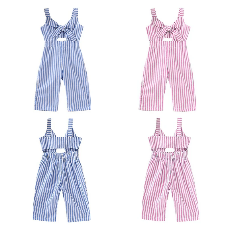 

Summer Baby Girl Pants Striped Print Cotton Sleeveless Elastic Suspenders Hollow Design Pants Overalls Trousers