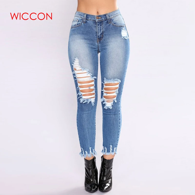 

WICCON Fashion Hot Sell Skinny Denim Pencil Pants 2019 New Summer Autumn Casual Hole Streetwear High Waist Vintage Jeans Women