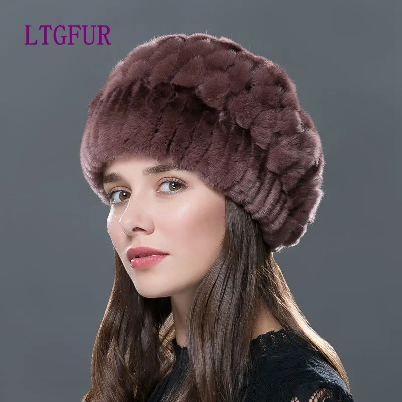 Goedkoop LTGFUR 2017 Vrouwen Lente Winter Hoeden Mutsen Gebreide Cap Haak Hoed Konijnenbont Pompons Oor Beschermen Casual Caps Hot Sales