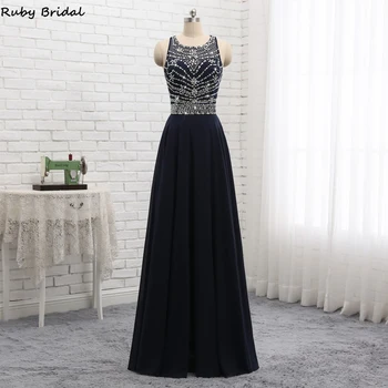 

Ruby Bridal 2019 New Vestido De Noite Long A-line Navy Blue Chiffon Beaded Evening Dresses With Straps Sexy Party Gown PW9237