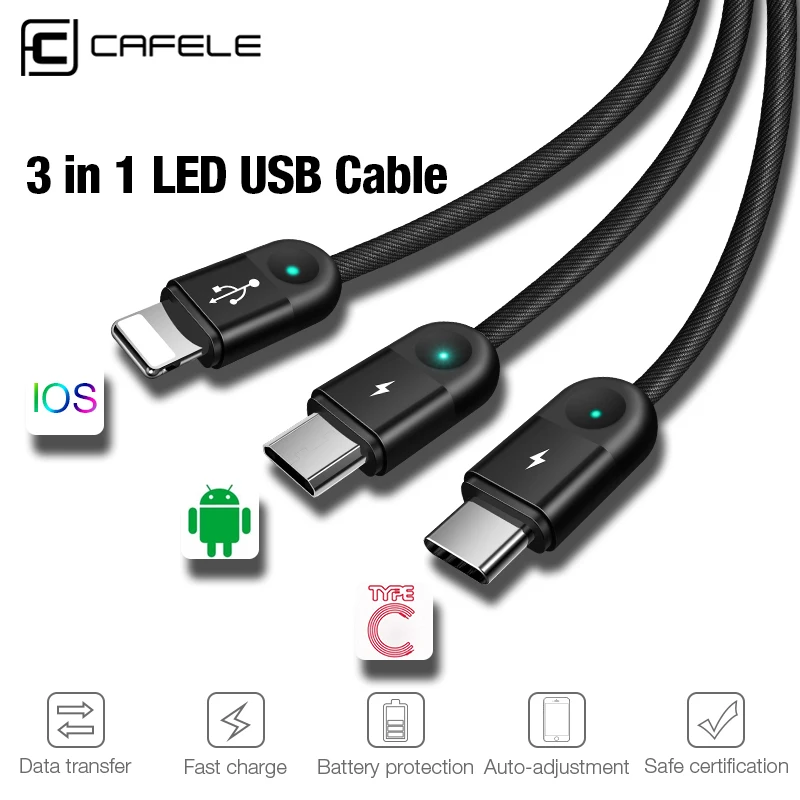 CAFELE Micro USB кабель type C кабель для зарядки телефона 3 в 1 Светодиодный светильник USB для телефонов iphone samsung huawei Xiaomi Oneplus