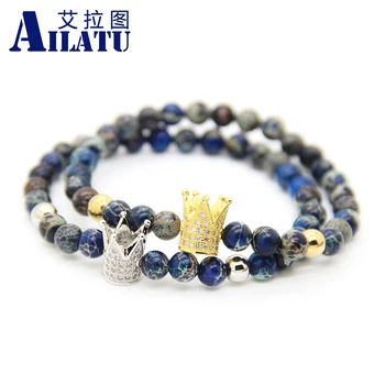 

Ailatu Jewelry Wholesale 6mm Sea Sediment Stone Beads with CZ Crown Men and Girl Beaded Bracelet