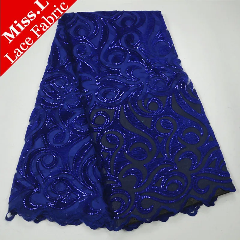 

MissL Blue design High quality and reasonable price African mesh Lace Fabric With Sequins French tulle Lace Fabric 5 yards,2018