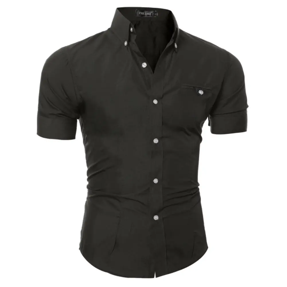 Роскошная мужская приталенная деловая официальная рубашка с коротким рукавом, стильные белые, черные, коричневые, синие, серые, фиолетовые, розовые, красные крутые рубашки для мальчиков - Цвет: Черный