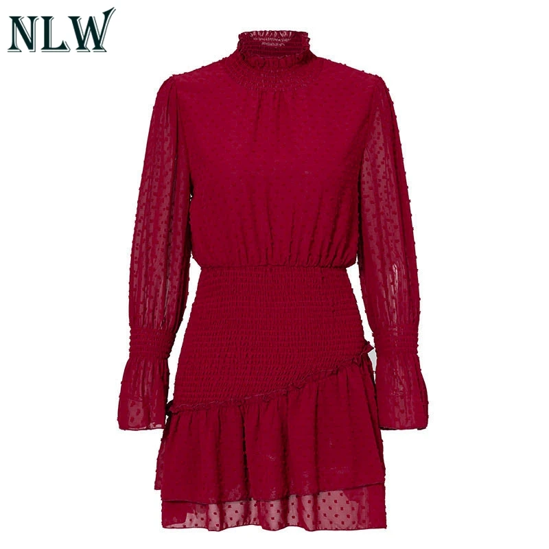 NLW, осеннее платье с оборками, новинка, Повседневное платье для женщин, одноцветные платья в горошек, вечерние платья с длинным рукавом, Vestidos - Цвет: Бургундия