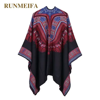 

RUNMEIFA Winter Simulated Cashmere Mantles For Women National Cape Two Sides Wear Femme Retro Knitted Cloak Literature Poncho