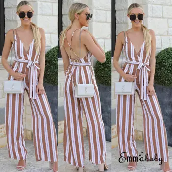 

arrival Women Clubwear Sleeveless Strap V neck Striped Playsuit Bodycon Party Jumpsuit High Waist Trousers Casual Long Pants
